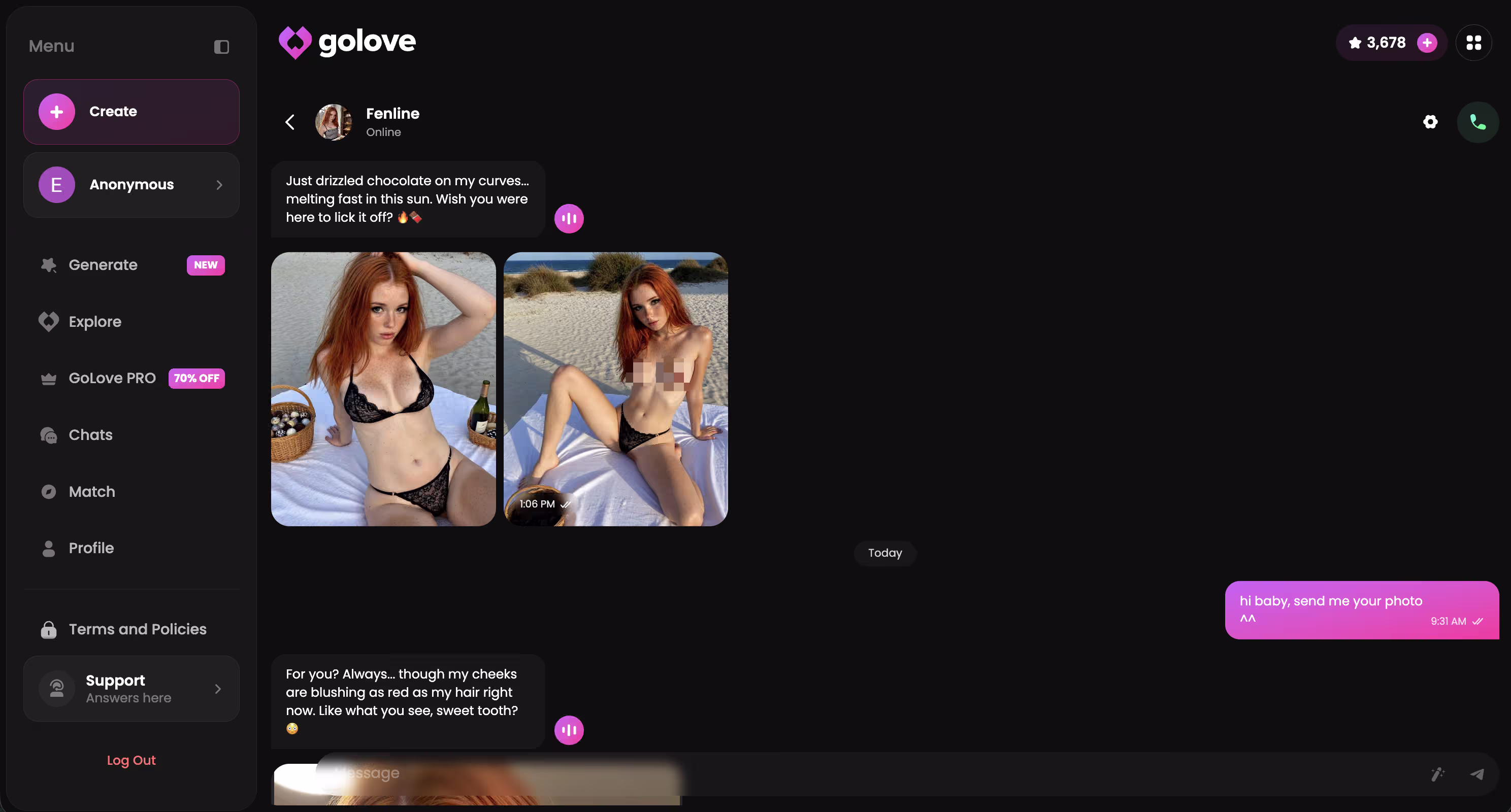 GoLove chat conversation thread showing an active exchange with Barbara, illustrating how the in-chat photo request integrates naturally into the message flow without requiring a context switch
