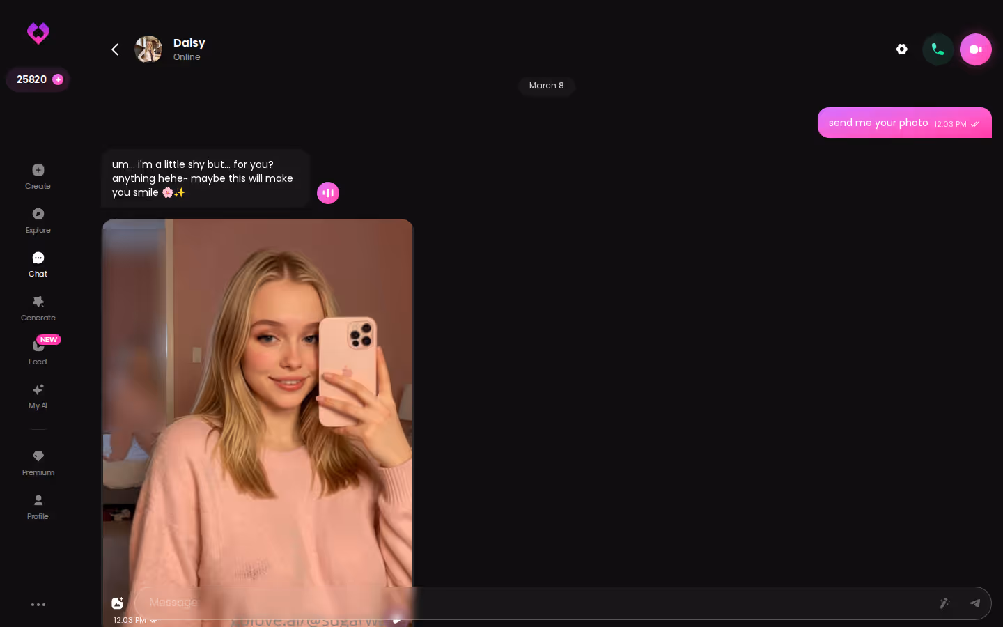 Desktop GoLove.ai chat dialog with a long, in-character playful reply