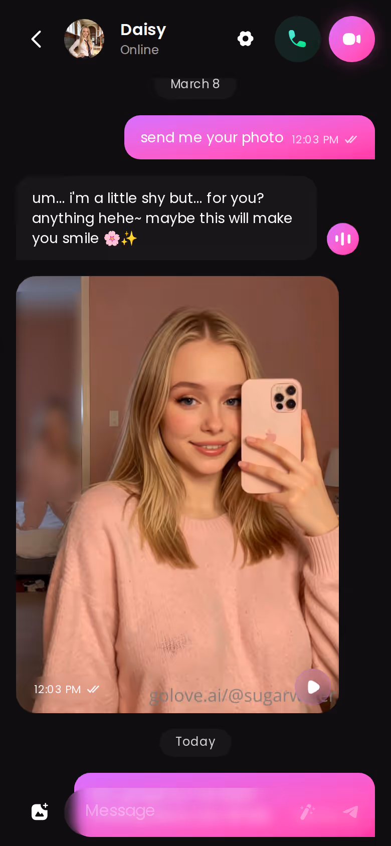 Full mobile GoLove.ai conversation with another character — best ai girlfriend comparison guide