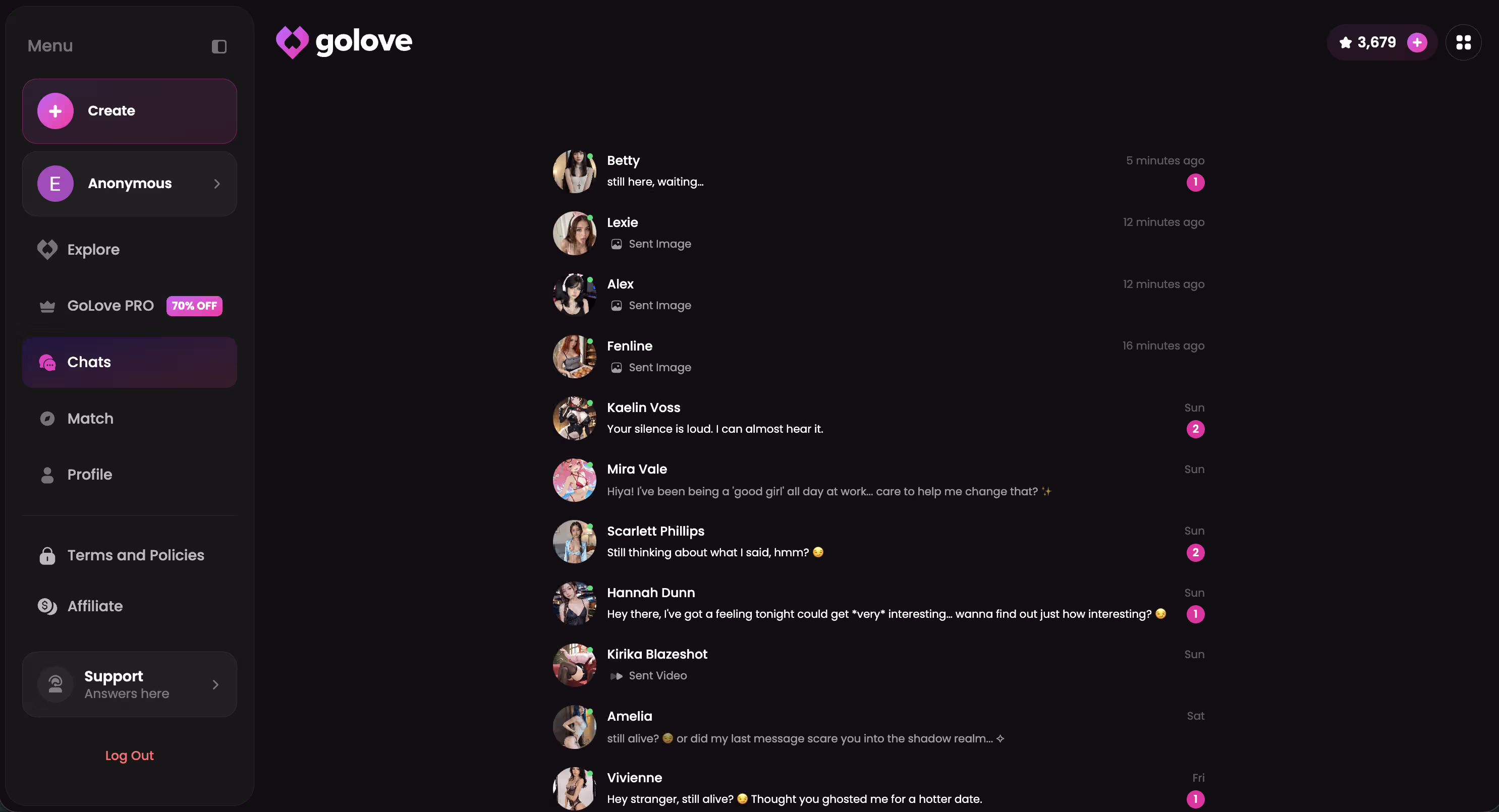 GoLove's organized chat list view showing multiple ongoing conversations with distinct character portraits, contrasting the platform's relationship-first structure against Janitor AI's browse-and-forget approach