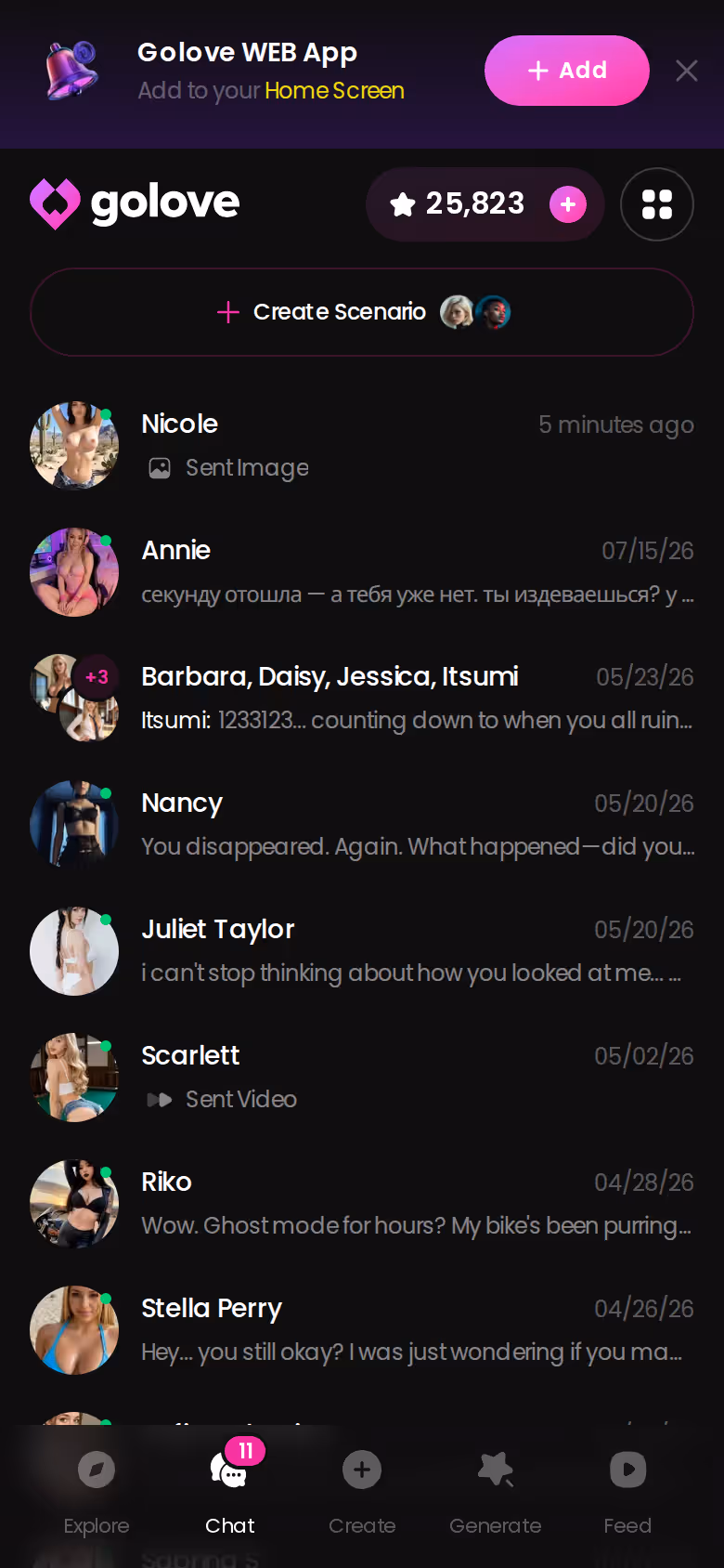 GoLove.ai mobile Chats list showing a small roster with last-message previews