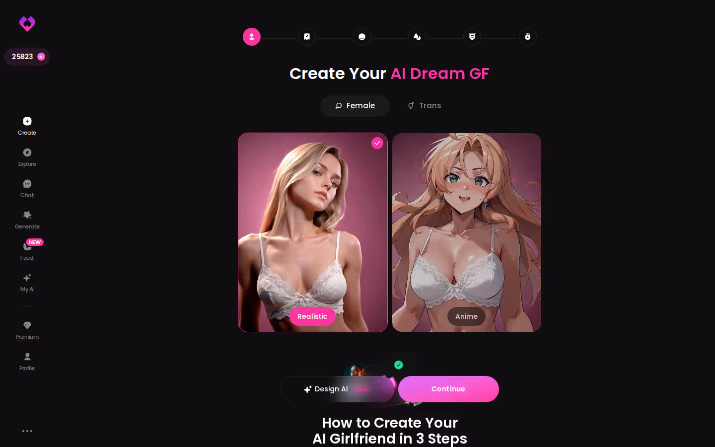 The GoLove.ai Create wizard start screen on desktop with the Realistic, Anime and Trans paths