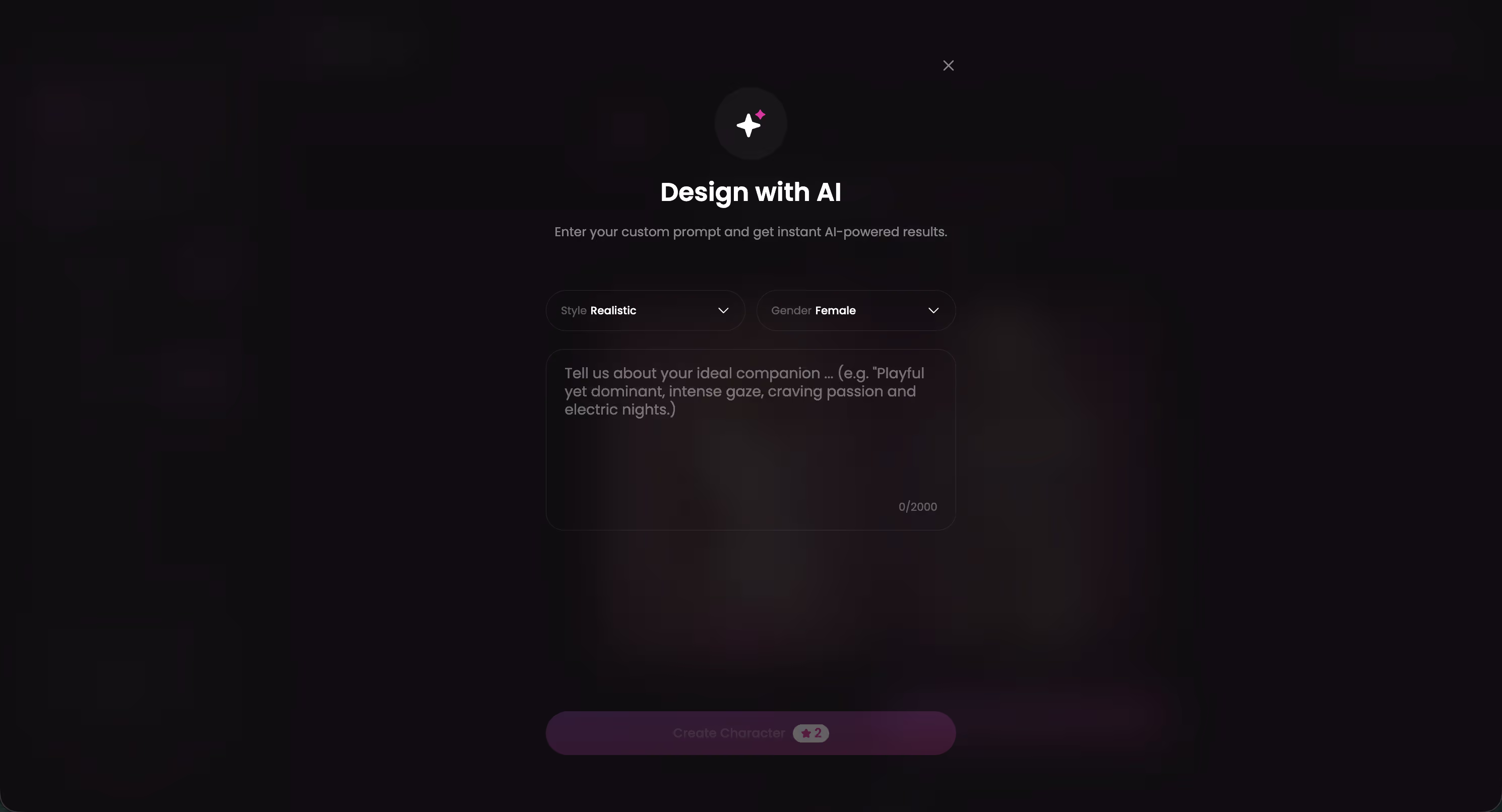GoLove's 'Design with AI' creation screen where users describe a character concept in text and the AI generates a custom character—a feature absent from most competing platforms