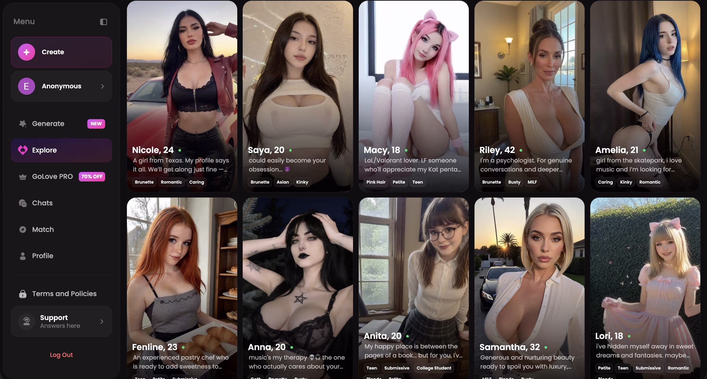 GoLove's explore page showing a grid of realistic AI character cards with names and previews, representing the entry point for new users discovering who they want to talk to