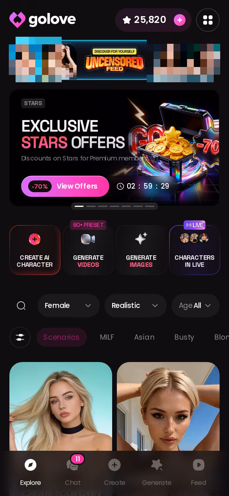 GoLove.ai Explore grid on mobile with realistic AI girlfriends one tap from chat