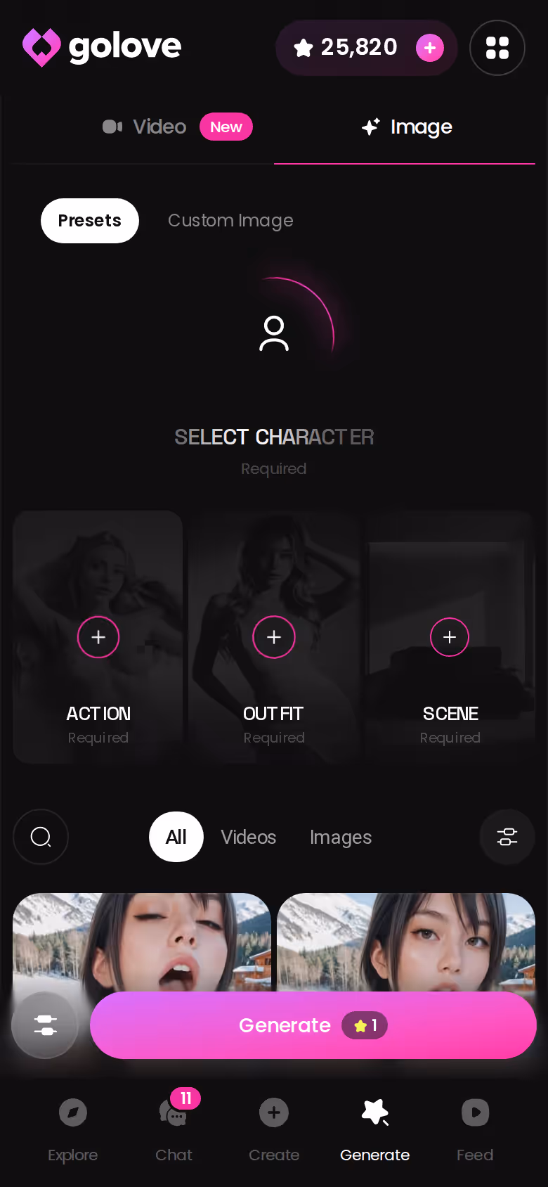 GoLove.ai Image mode on mobile with stacked preset cards