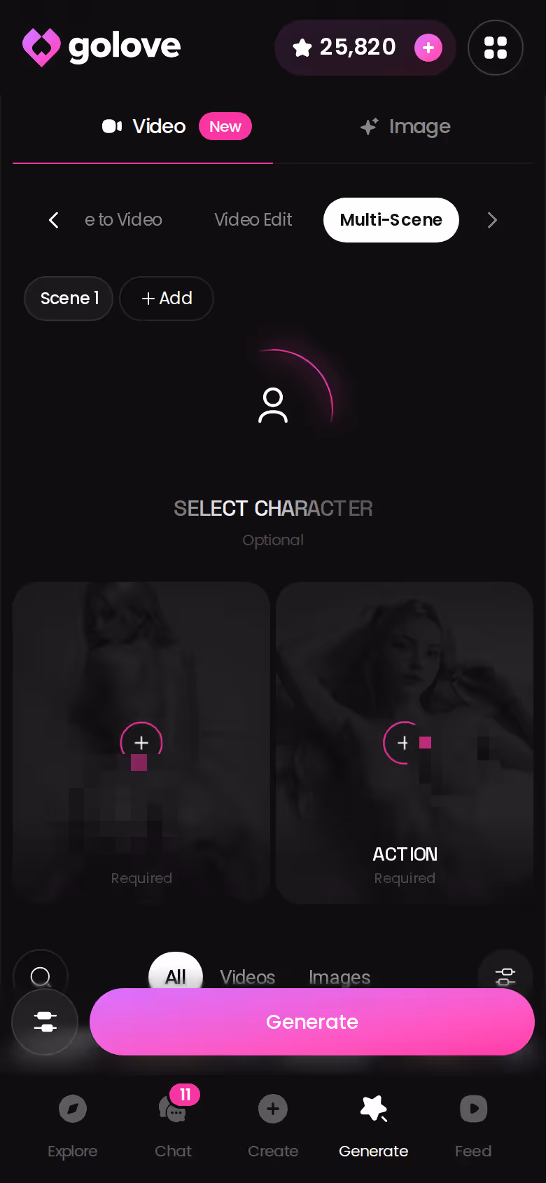 GoLove.ai video generator on mobile with the same character selected
