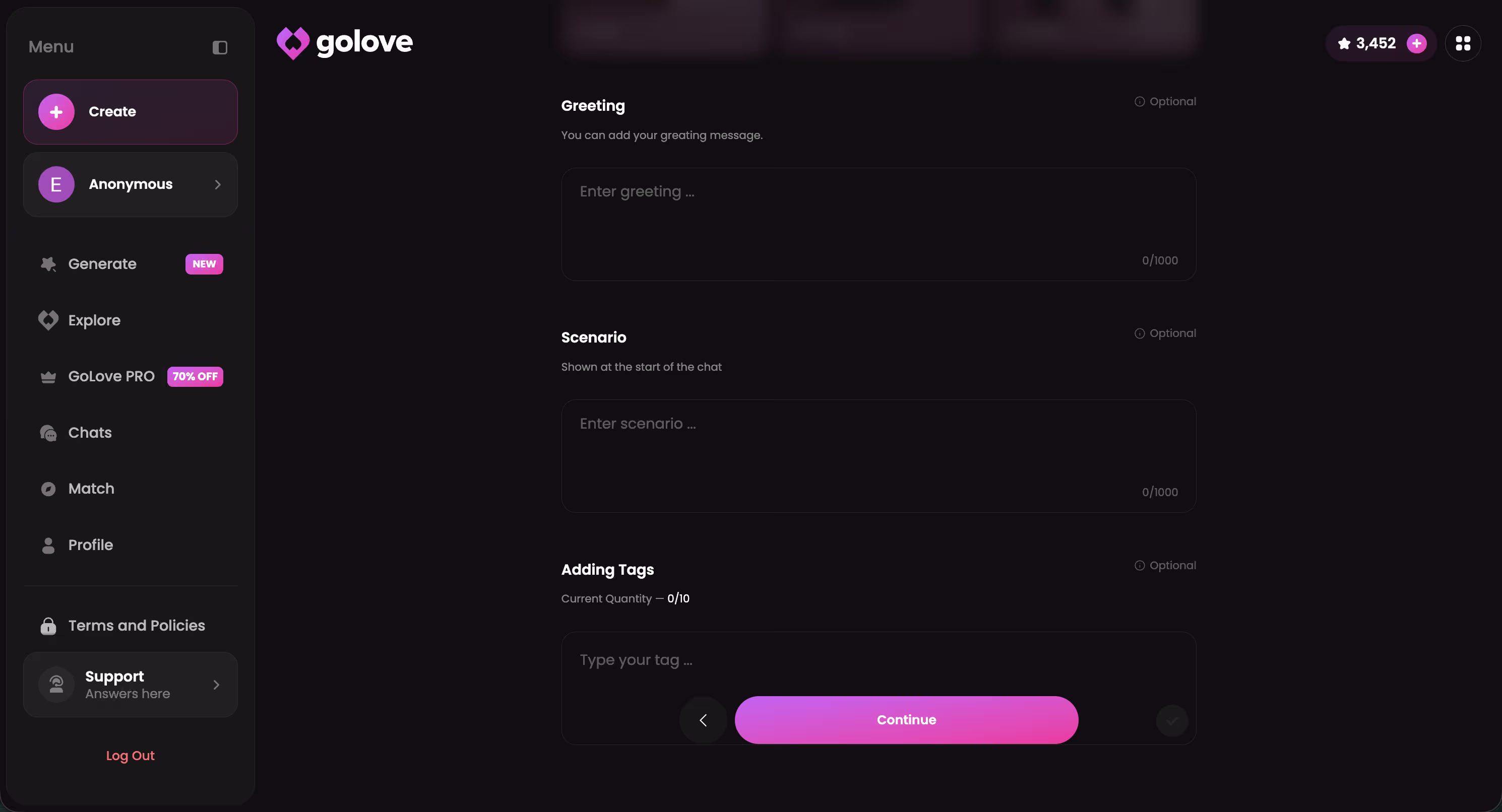 GoLove personality settings panel showing companion customization options and stored preference configuration